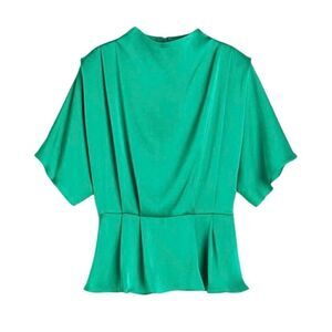 H&M Women's Turquoise Green Poly Satin Charmeuse Stand Collar Short Batwing Slee